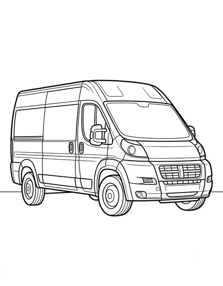 Ram ProMaster coloring page showing a tall boxy cargo van with a sliding side door