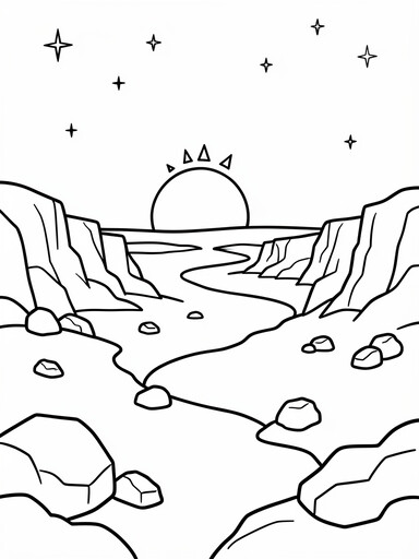 Rocky Martian canyon landscape with boulders and a distant sun coloring page