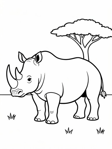 Rhino coloring page showing a rhinoceros on the savanna