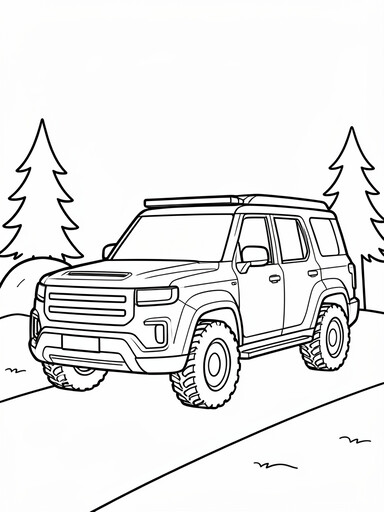 Rivian R1S coloring page showing a boxy three-row electric SUV with a roof rack parked by a trailhead boulder