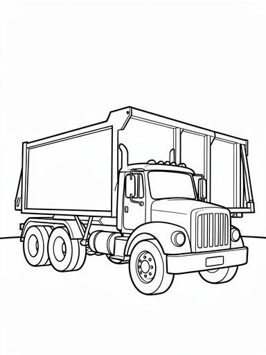 Roll-off dumpster truck coloring page showing an open-top container riding on long hydraulic rails