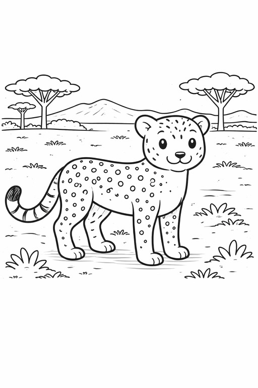Cheetah coloring page showing a cheetah standing in a safari landscape with grass and flat-topped trees behind it PDF preview