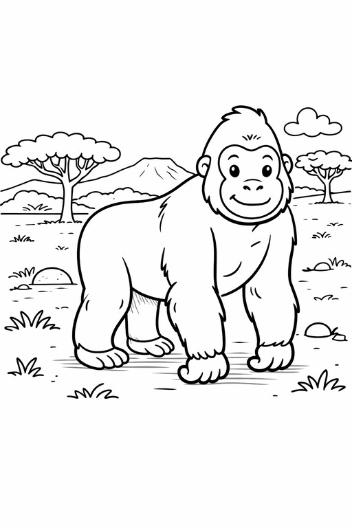 Gorilla standing in a safari scene with grass, clouds, and distant trees PDF preview