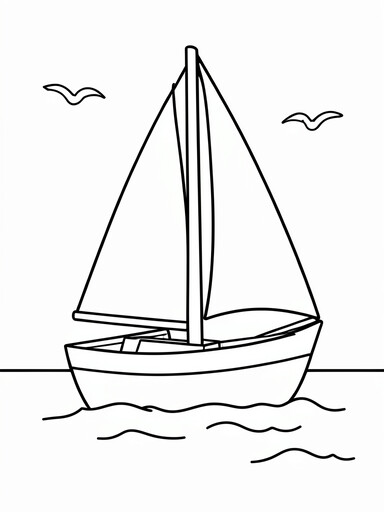 Sailboat coloring page showing a boat with two triangular sails on open water beneath gulls