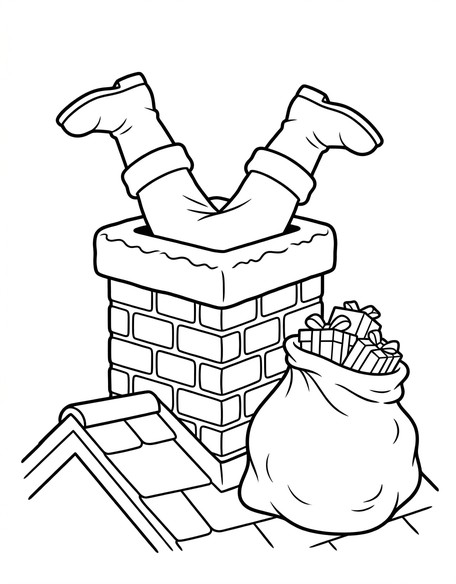 Santa chimney coloring page showing Santa entering rooftop chimney with gift sack PDF preview