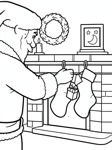 Santa filling stockings coloring page showing his arm reaching into stockings on a decorated fireplace mantel