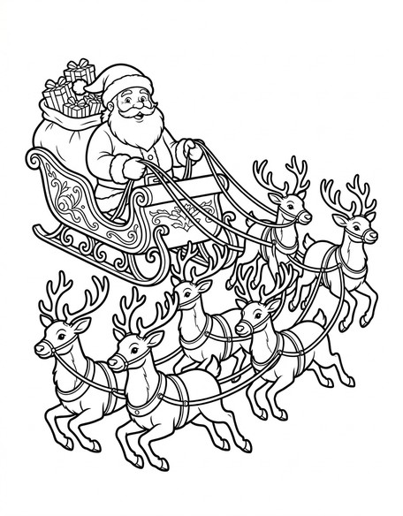 Santa in sleigh with reindeer coloring page showing Santa flying through the air PDF preview