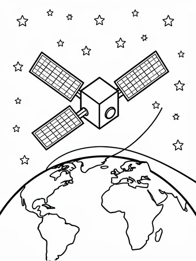 Satellite with solar panel wings orbiting above Earth coloring page