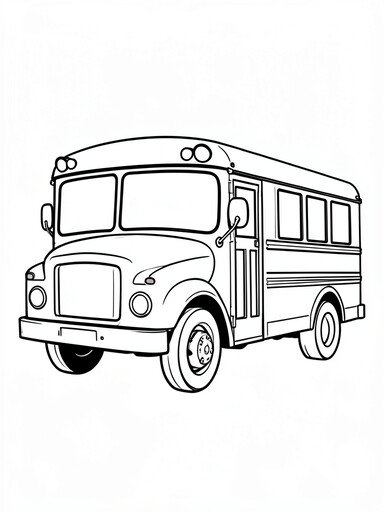 School bus coloring page showing a classic bus with a folding entry door and row of passenger windows