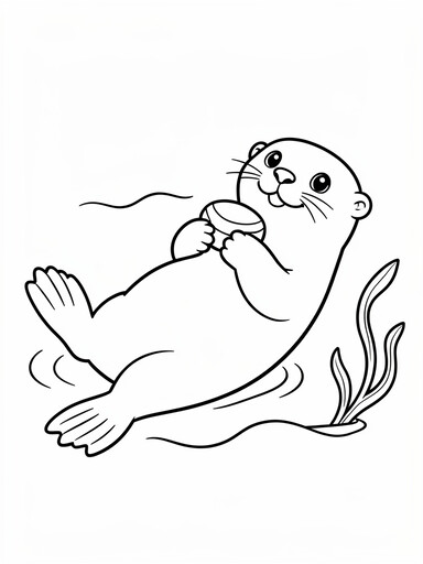 Sea otter coloring page showing an otter floating on its back holding a clam shell in the water