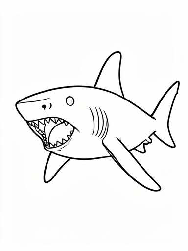 Great white shark with open jaws and dorsal fin coloring page PDF preview