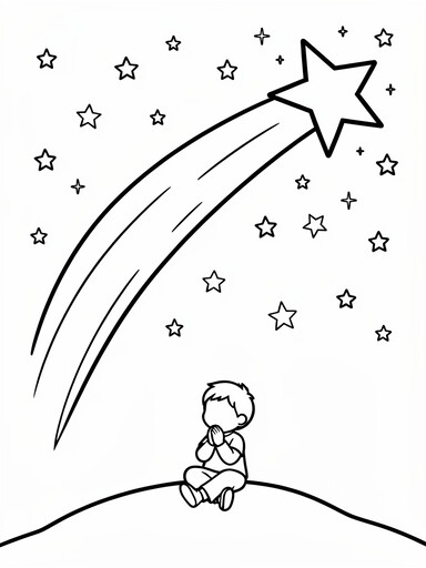 Child making a wish on a shooting star coloring page