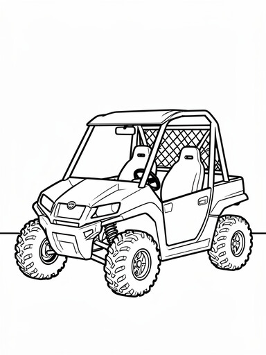 Side-by-side UTV coloring page showing an off-road vehicle with a roll cage and knobby tires