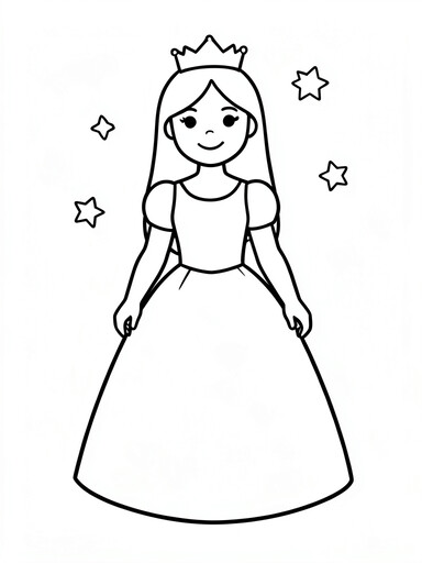 Simple princess standing in a plain flowing gown with a crown and sparkle stars bold outlines coloring page