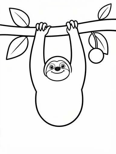 Sloth coloring page showing a sloth hanging on a tree branch