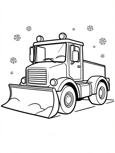 Snowplow truck coloring page showing a plow blade pushing snow with falling snowflakes