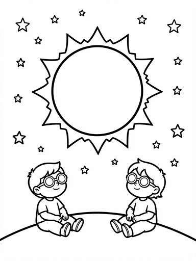 Solar eclipse coloring page with the moon covering the sun's corona above two kids wearing eclipse glasses