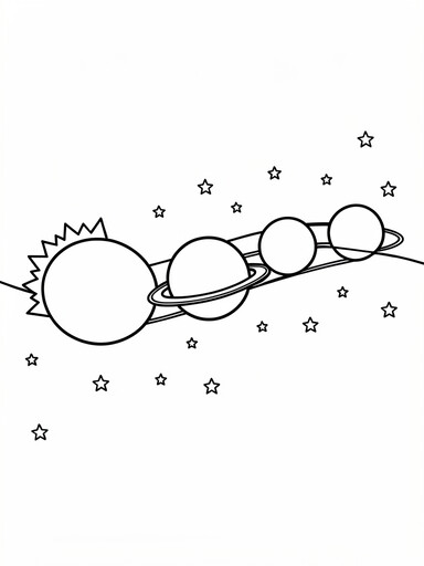 Solar system coloring page with the sun and a row of ringed and plain round planets