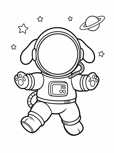 Dog wearing a bubble helmet and astronaut suit coloring page