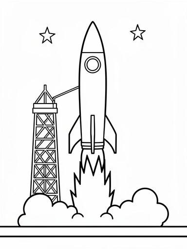 Rocket blasting off from a launch pad with flames and smoke coloring page