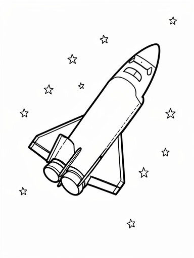 Space shuttle coloring page showing an orbiter with delta wings flying among scattered stars
