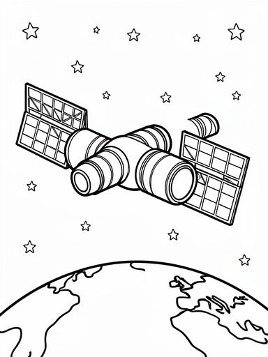 Space station coloring page showing solar panel wings above the curved edge of Earth