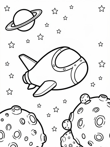 Spaceship exploring coloring page flying past bumpy asteroids and a ringed planet