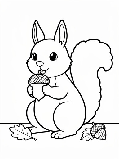 Squirrel coloring page showing a squirrel sitting up holding an acorn with a bushy tail