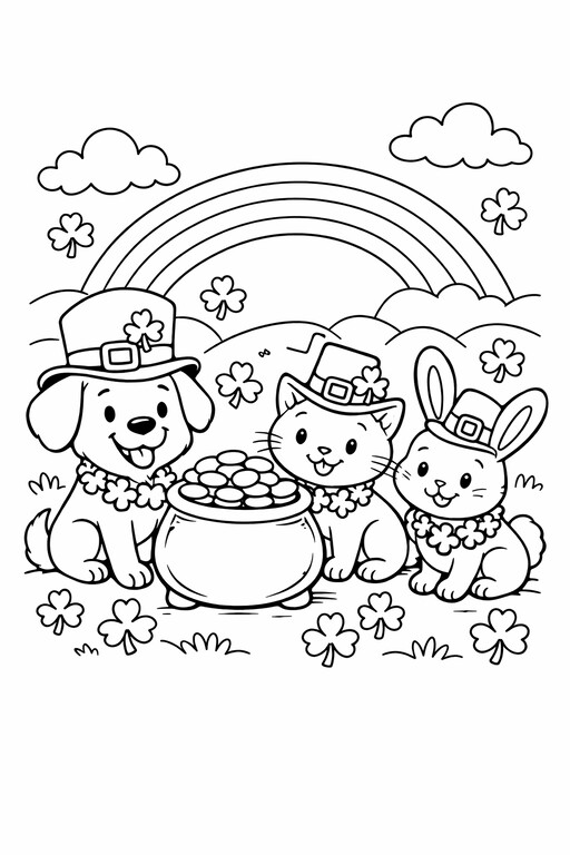 St. Patrick’s Day dog, cat, rabbit, and mouse around a pot of gold PDF preview