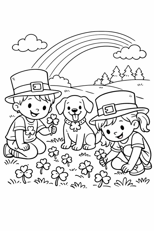 St. Patrick’s Day children and dog in leprechaun hats under a rainbow PDF preview