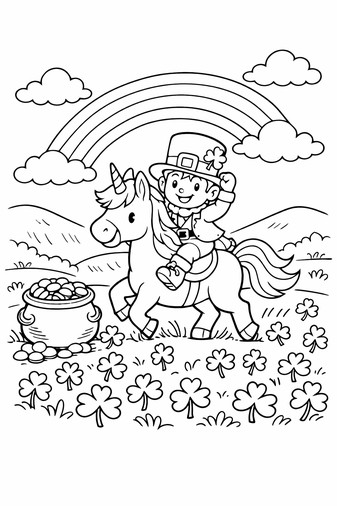 St. Patrick's Day leprechaun riding a unicorn surrounded by shamrocks