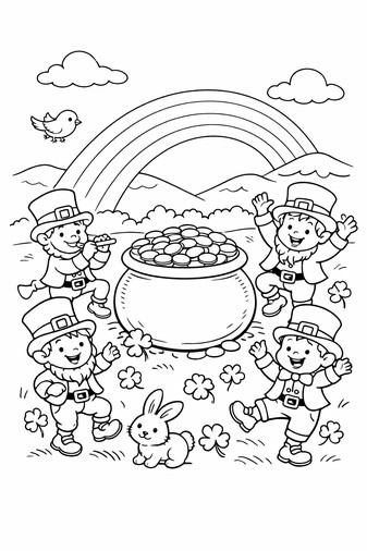 St. Patrick's Day leprechauns dancing around pot of gold with rainbow and shamrocks