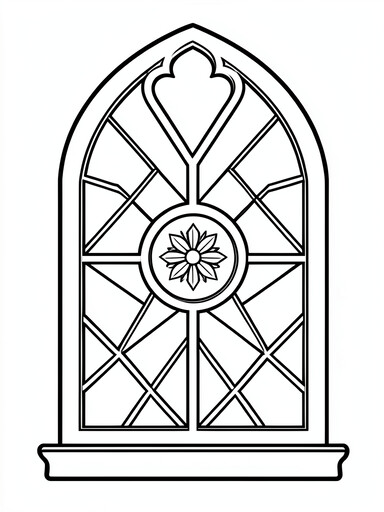 Tall arched stained glass window with a center flower medallion and geometric panel pattern coloring page