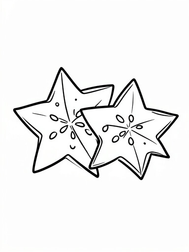 Star fruit coloring page showing two overlapping star-shaped slices with small seed dots near the center PDF preview