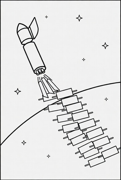 Rocket payload releasing a diagonal train of Starlink satellite panels coloring page