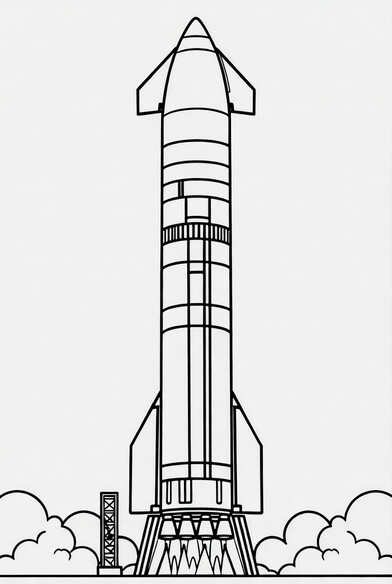 Starship rocket stack with blunt nose, flap fins, and launch tower coloring page