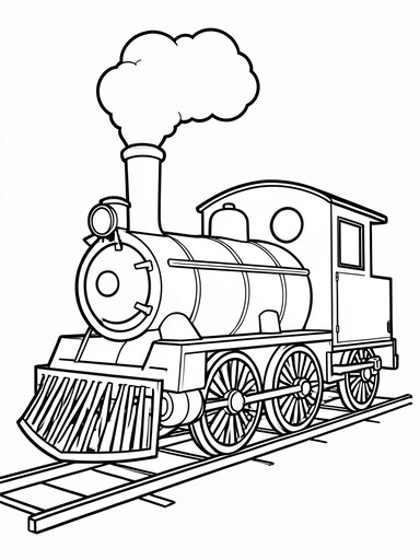 Steam locomotive coloring page showing a boiler, smokestack with puffing smoke, and large spoked driving wheels on rails