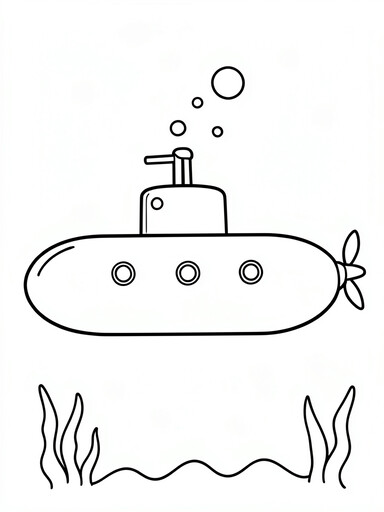 Submarine coloring page showing a rounded hull with portholes and a periscope underwater near seaweed