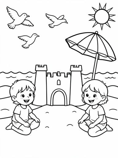 Summer beach sandcastle coloring page with waves and sunshine