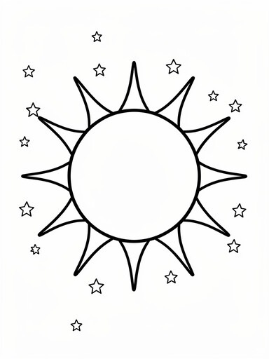 Bright sun with looping solar flares and rays coloring page