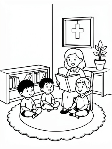 Sunday school classroom with three children on a rug, teacher reading a book, bookshelf, and wall cross coloring page