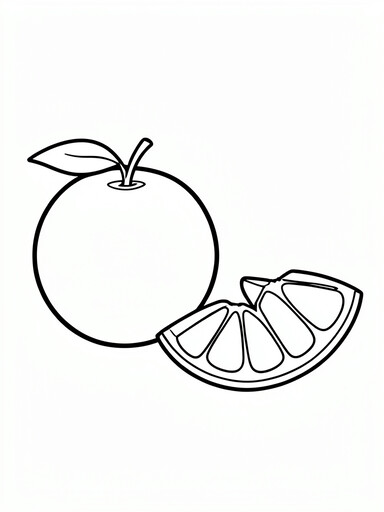 Tangerine coloring page showing a whole fruit with a leaf beside a segmented tangerine wedge slice PDF preview