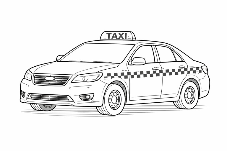 Taxi coloring page showing the taxi with clear body details and a simple printable street scene PDF preview