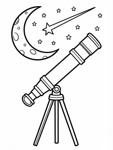 Telescope stargazing coloring page pointed at a crescent moon and a shooting star