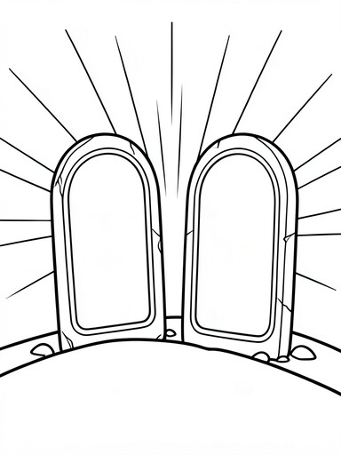 Two stone tablets on a hilltop with sunburst light rays coloring page