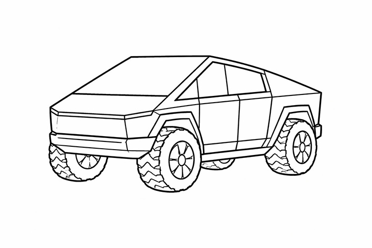 Tesla Cybertruck Pickup Front View coloring page showing the vehicle in a front three-quarter view PDF preview