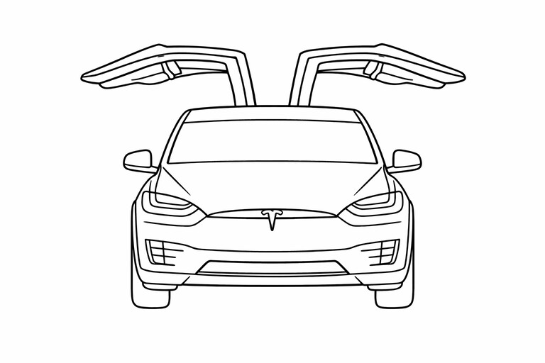 Tesla Model X Front View coloring page showing the vehicle head-on with the front body lines and wheel stance PDF preview