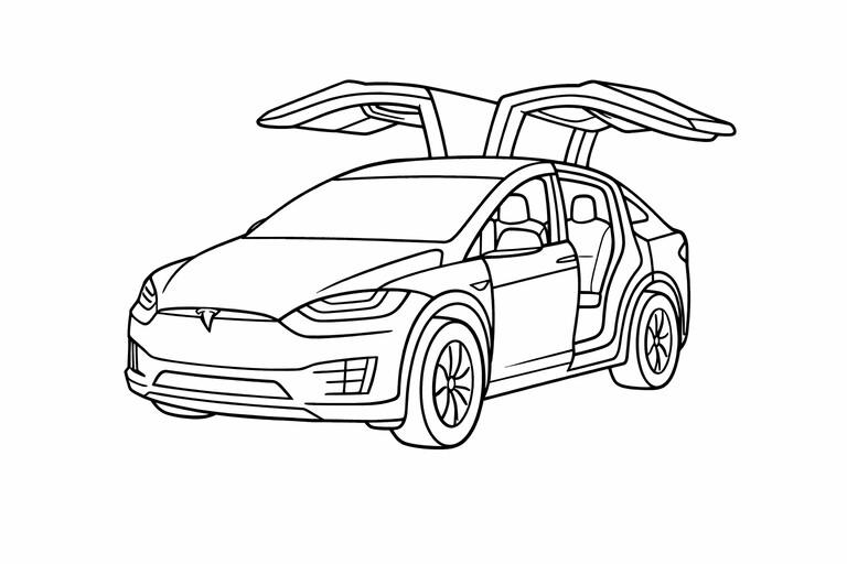 Tesla Model X Quarter Front Open Door coloring page showing the vehicle in a front three-quarter view PDF preview