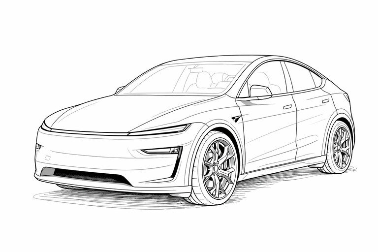 Tesla Model Y Juniper 2026 coloring page showing a front three-quarter vehicle view with bold wheels, clear body PDF preview