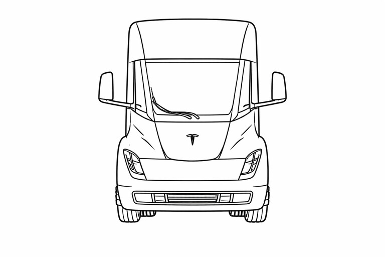 Tesla Semi head-on view with tall cab, wide windshield, and front details PDF preview